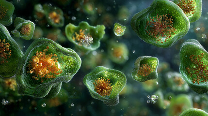 Live green cell structure, freshwater microalgae blooming under microscope. Unicellular green algae with protoplast plankton cell. View surface of leaves showing plant cells.