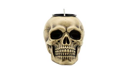 Decorative Human Skull with Candle Wick Displayed Against a Dark Background