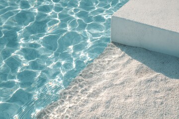 Close up of a swimming pool with stairs leading gracefully in