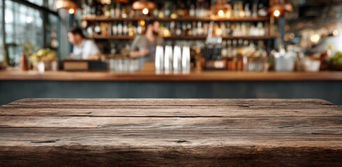 Fototapeta premium A wooden table at a bar with a man standing in the background