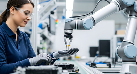 Woman working with a robotic arm in a factory, Robotics in manufacturing: A technician working with automated equipment