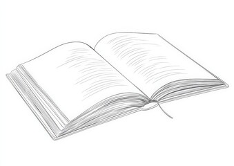 A detailed black and white drawing of an open book rests on a white background