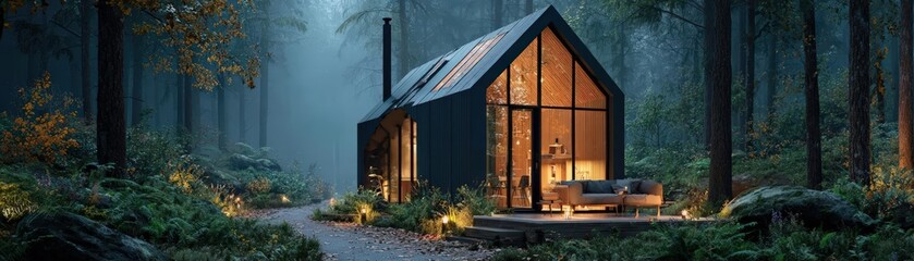 Fototapeta premium Solar tiny home, forest mist, cozy minimalist vibe