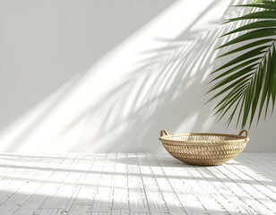 Fototapeta premium Minimalist interior background. White room, natural light, palm shadows on wall. Woven basket on wooden floor, creating serene, airy aesthetic