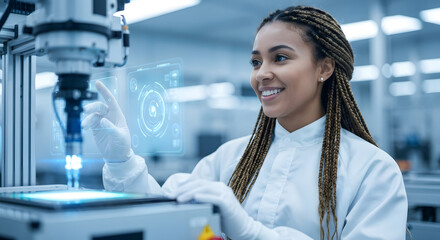 Scientist in Lab Coat Operating High-Tech Equipment, Young Woman Working with Advanced Robotics Technology