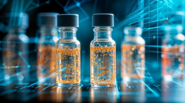 Glass vials with golden nanospheres in a futuristic science laboratory.