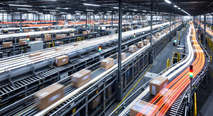 High-Speed Package Delivery: Conveyor Belts in Motion, Automated Parcel Sorting System in Logistics Warehouse