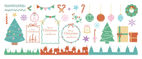Obraz na płótnie Canvas Christmas ornament and frame vector illustration set. Collection of christmas tree, gift, candy cane, screen, bauble, wreath, holly, snowflake. Design for sticker, card, poster, invitation, greeting.