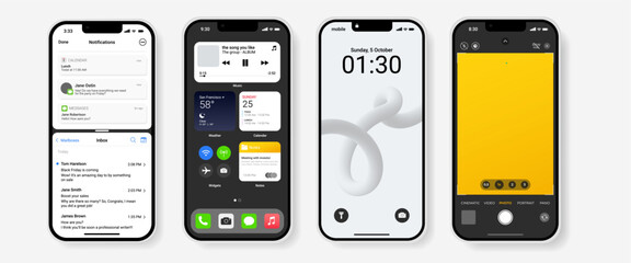 Modern mobile phone mockups with various iOS-style screens: notifications, widgets, home screen, lock screen, and camera interface. Minimal and realistic mobile UI design.