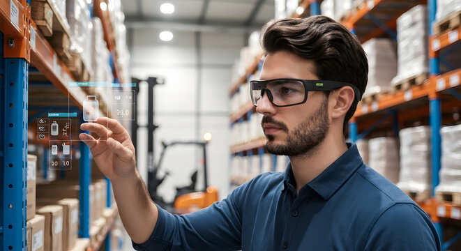 Augmented reality warehouse worker using smart glasses for inventory management, Futuristic warehouse worker interacting with digital interface in a warehouse