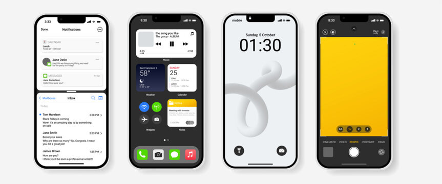 Modern mobile phone mockups with various iOS-style screens: notifications, widgets, home screen, lock screen, and camera interface. Minimal and realistic mobile UI design.