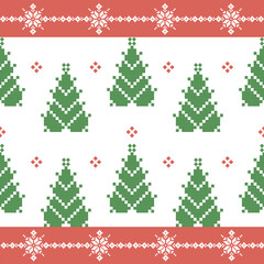 Christmas and New Year seamless pattern. Red snowflakes and Green Christmas tree on  White pixel pattern.