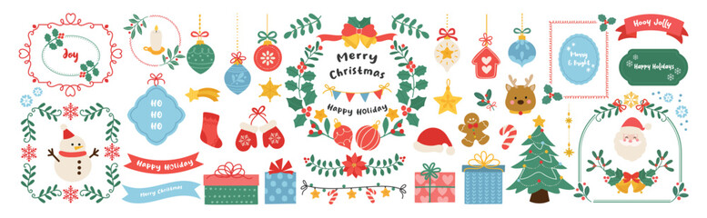 Obraz na płótnie Canvas Christmas ornament and frame vector illustration set. Collection of christmas tree, bauble, gift, santa, snowman, wreath, glove, sock, hat. Design for sticker, card, poster, invitation, greeting.
