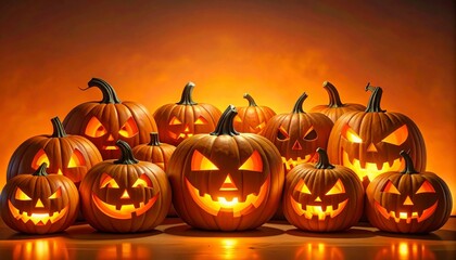 Row of glowing jack-o'-lanterns with unique carved faces, triangular eyes and jagged mouths, illuminated from within, set against orange background, festive Halloween atmosphere and eerie charm.