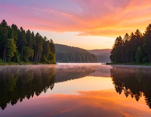 朝焼けに染まる静かな森と湖のリフレクション