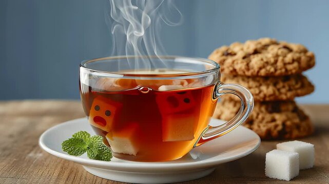 Sugar cubes with expressive faces are playfully dropping into a steaming cup of tea, creating a whimsical scene with cookies in the background, capturing the delightful moment of tea preparation