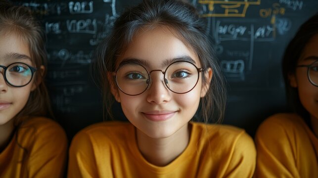 Young asian teen in glasses smiling in classroom with chalkboard background - Powered by Adobe
