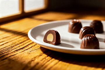 Decadent Dark Chocolate Truffles Drizzled with Rich Ganache, Served on a White Ceramic Plate on a Rustic Wooden Table