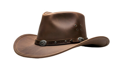 Leather cowboy hat with decorative band, eyelets, against black