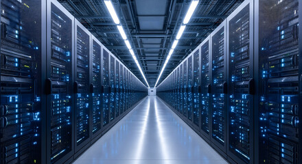 Futuristic Server Room, Data Center with Rows of Rack Servers and Blue Lights, Data center featuring servers and equipment racks, providing data management and storage