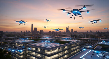 Drones soaring above futuristic cityscape, showcasing innovative urban air mobility solutions, A fleet of modern delivery drones against a cityscape, representing the future of logistics