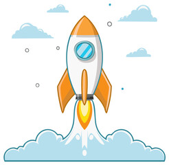 Cartoon rocket launching into the sky, clouds and dots
