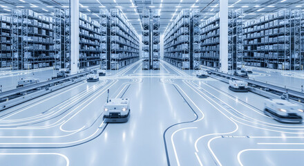 Futuristic Automated Warehouse with Robots Navigating on Luminous Pathways, A Glimpse into the Efficiency of Tomorrow's Logistics