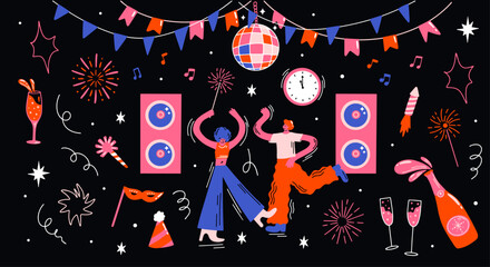 New years Eve celebration party vector sticker design set with cartoon retro groovy colorful bold illustration of dancing people, rave, disco ball, sparkling wine, birthday hat, holiday fireworks © WeirdyTales