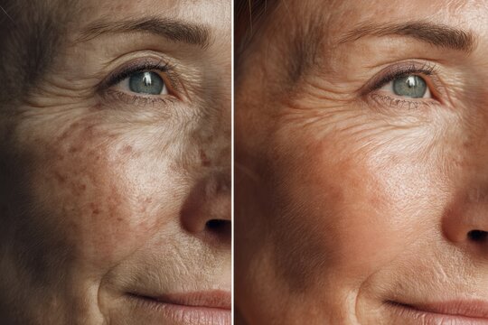 Caucasian mature female aging comparison before and after skincare treatment