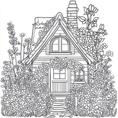 A whimsical house covered with flowers, surrounded by greenery. Great for coloring books or art