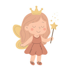 
A vector illustration of a cute fairy in a simple cartoon style. Perfect for children's designs, greeting cards, posters, and fairy tales