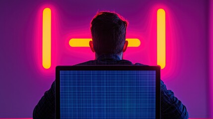 Person in Front of Laptop with Neon Light Background