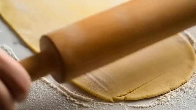 Rolling out dough with a wooden rolling pin on a floured surface.