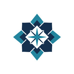 Abstract geometric logo design featuring a central figure with arrow-like elements pointing in four directions.