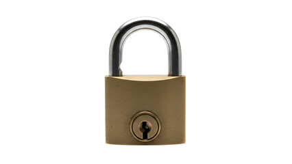 Naklejka premium Metallic brass padlock, silver shackle, centered, dark background