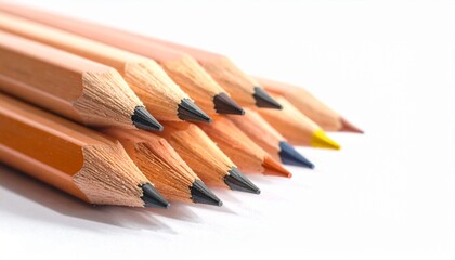 Ten sharpened colored pencils fanned out with tips facing forward, featuring black, gray, red, orange, yellow, and blue hues, natural wood casings, highlighting texture and creative potential.