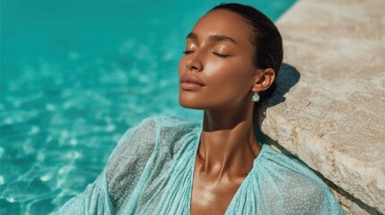 Beautiful woman relaxing by the turquoise pool under the sun. Luxury vacation and self-care.