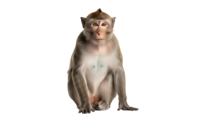 Seated monkey with grayish-brown fur gazes forward calmly