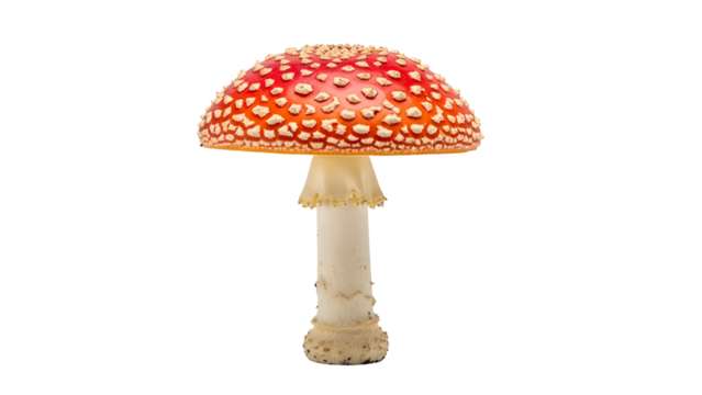 Red mushroom with white spots on a long, textured stem