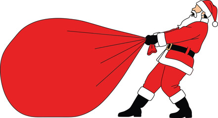 Santa claus pulling a very large red sack on a white background editable stock