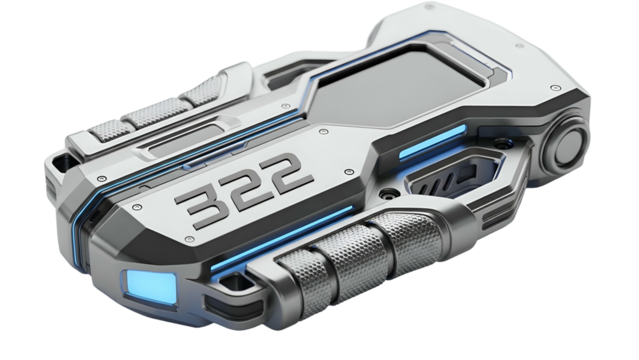 Futuristic, silvery-white device with a small display screen