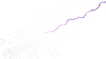 A striking purple lightning bolt isolated on transparent background, arcing across the frame, showcasing natures raw power and beauty