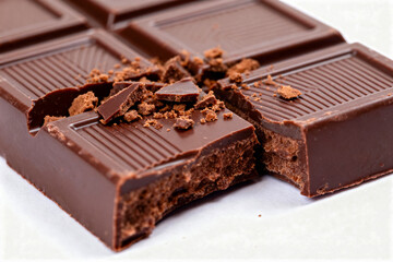 Close-up of a Broken Dark Chocolate Bar with Crumbled Pieces on a White Background, Highlighting the Rich Cocoa Texture
