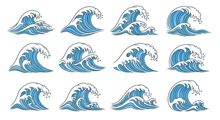 Collection of blue ocean wave icons in various styles and orientations.