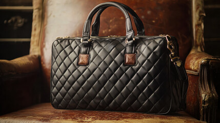 Classic quilted black leather handbag on an antique armchair in a warm, cozy room