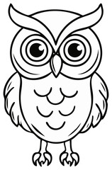 Fototapeta premium Adorable cartoon owl with big eyes, simple black and white outline illustration