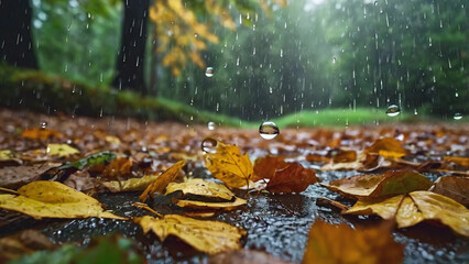 Landscape autumn rain drops splashes in the forest background, october weather landscape beautiful park.