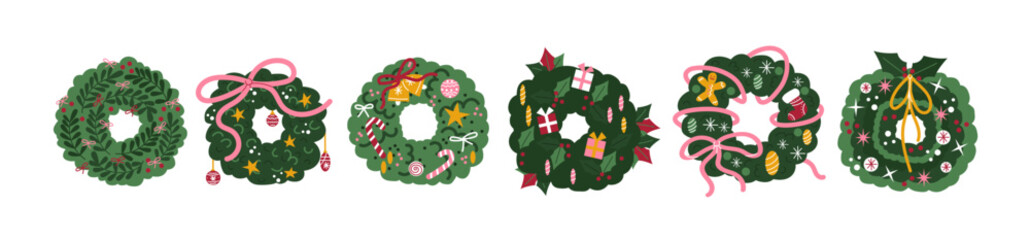 Obraz premium Christmas holiday wreaths and festive decorations in retro cartoon style. Wreaths: pine branches, ribbons, bells, lights. Winter seasonal collection for postcards, stickers, home decor and holiday 