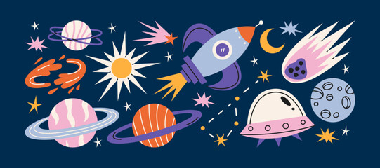 Cartoon space stickers. Galactic elements, planets, rocket, UFO, astronaut, satellite. Shapes of the future of the universe in gravity, trendy retro doodle groovy stickers 90s