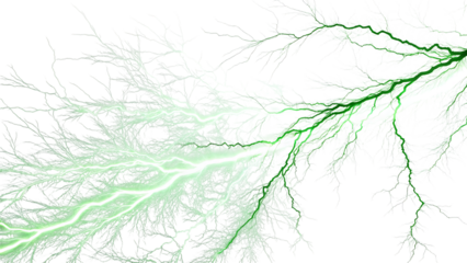 Green lightning bolt isolated on transparent background, a dramatic display of electrical power and natural phenomenon in the sky
